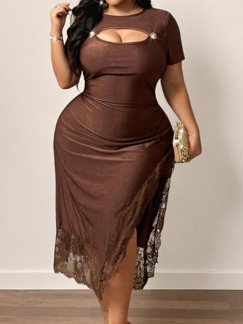 Brown Elegant Women's Round Neck Fitted Short Sleeve Dress - Picture 5 of 7